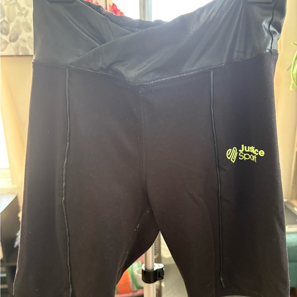 Justice Sport Girls XL Black Bike Shorts – Faux Leather V-Waistband | Size 14/16